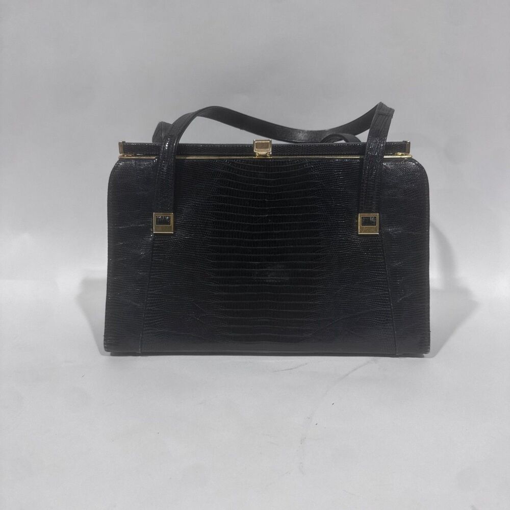 Vintage Black Lizard Embossed Leather Frame Bag Kisslock Top Handle Purse